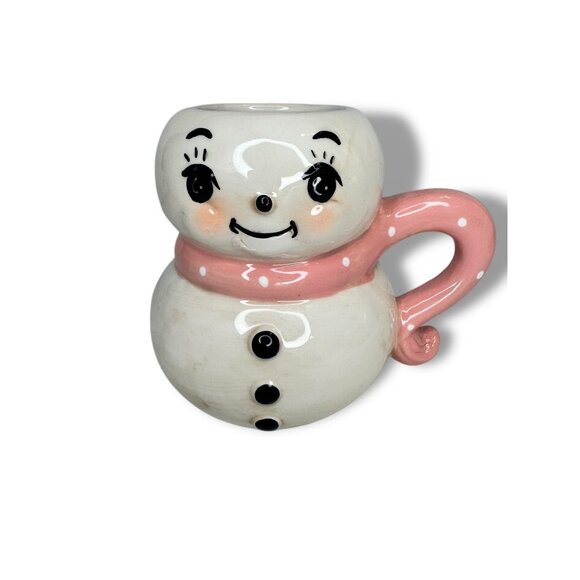 Johanna Parker Snowman Ceramic Mug White Pink Polk A Dot - Picture 1 of 8